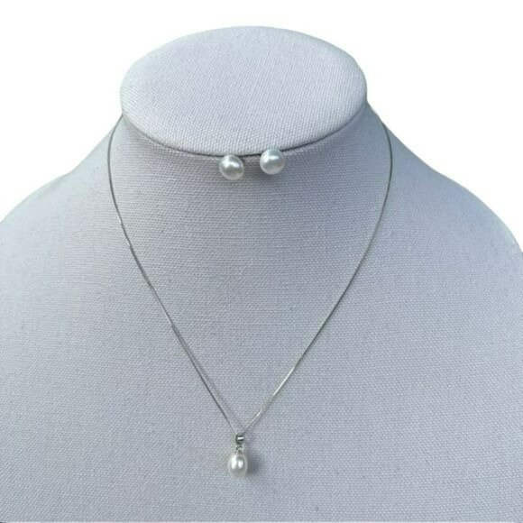 925 Sterling Silver Cultured White Freshwater Pearl Necklace Ring Earring Set - Picture 9 of 10